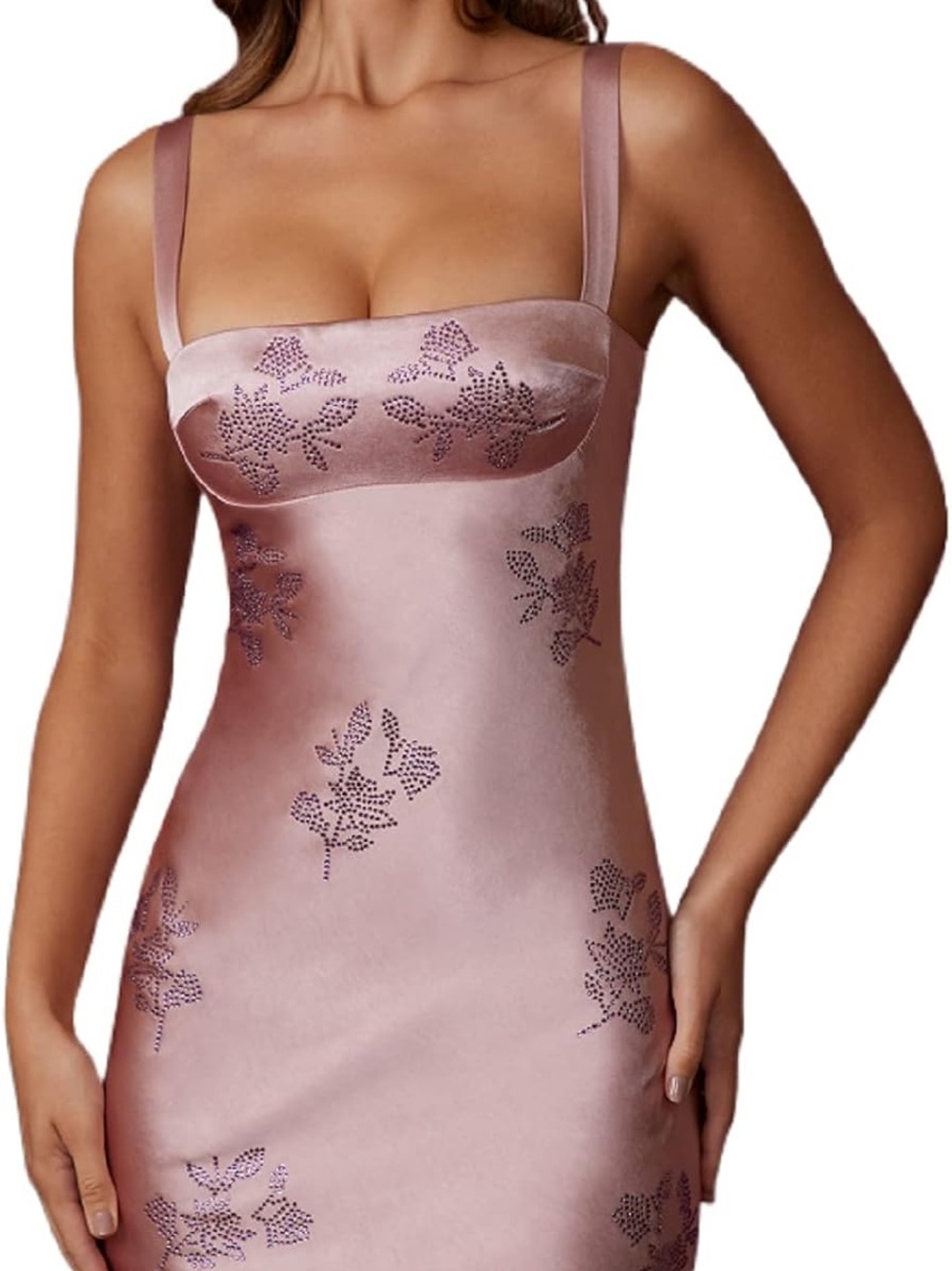 Oh Polly Dusty Pink Satin Embellished Mini Dress - Picture 2 of 2